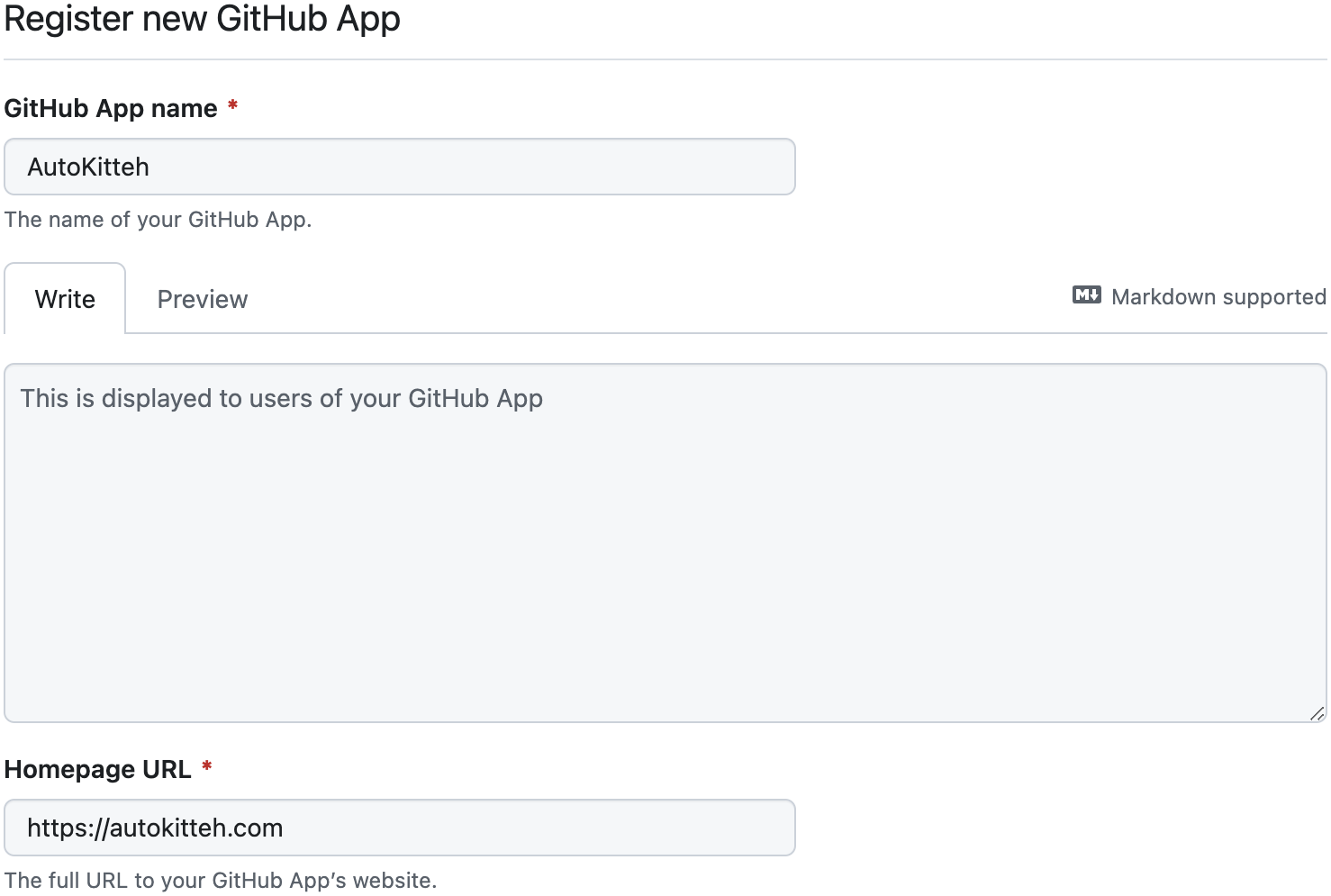 Screenshot 1: Register new GitHub App