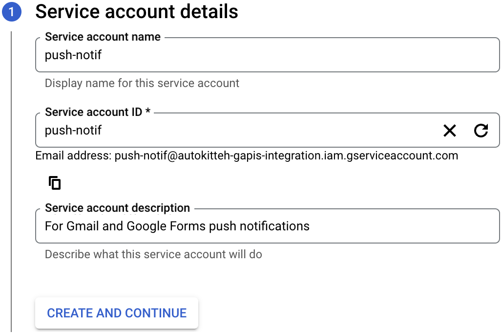 Screenshot 2: Create service account - details